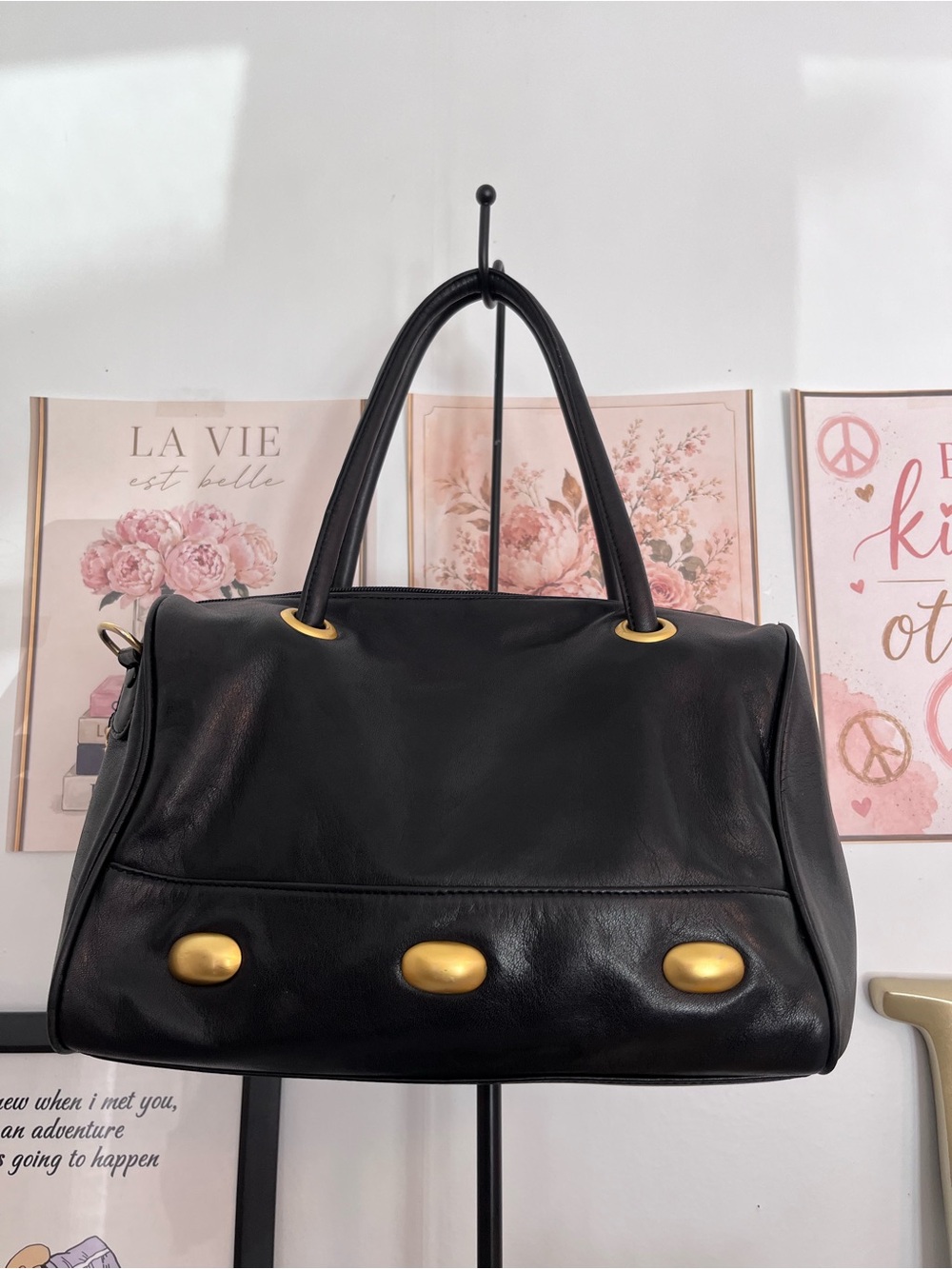 Architect Black Genuine Leather Satchel Shoulder Bag Gold Hardware